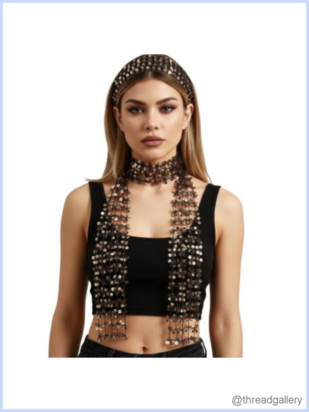 Women's Sequin Fishnet Scarf, Long Skinny Necktie, Multipurpose Party Accessory